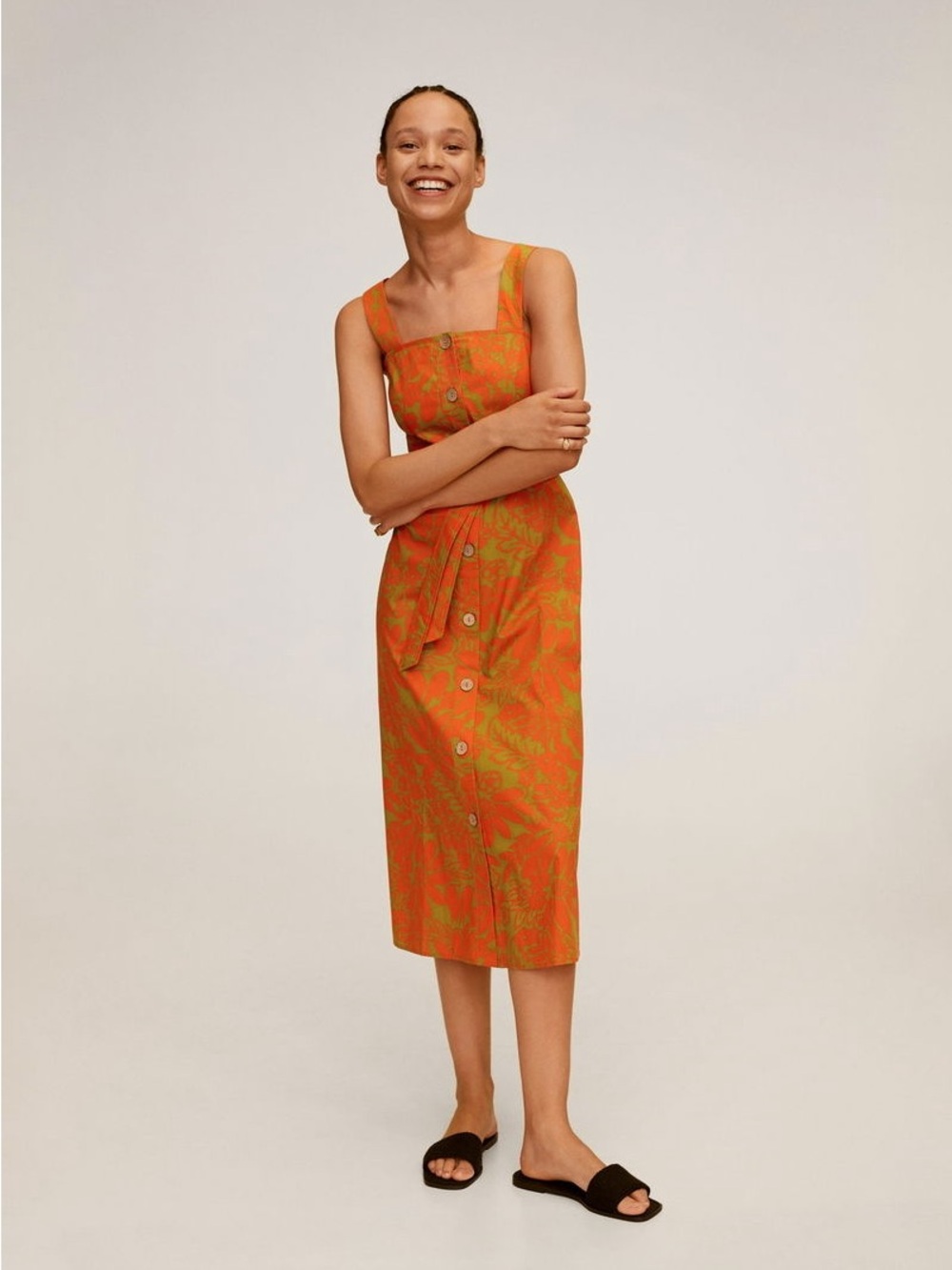 Mango Tropical Print Button Front Midi Dress Cotton Floral Orange Green Size 4
